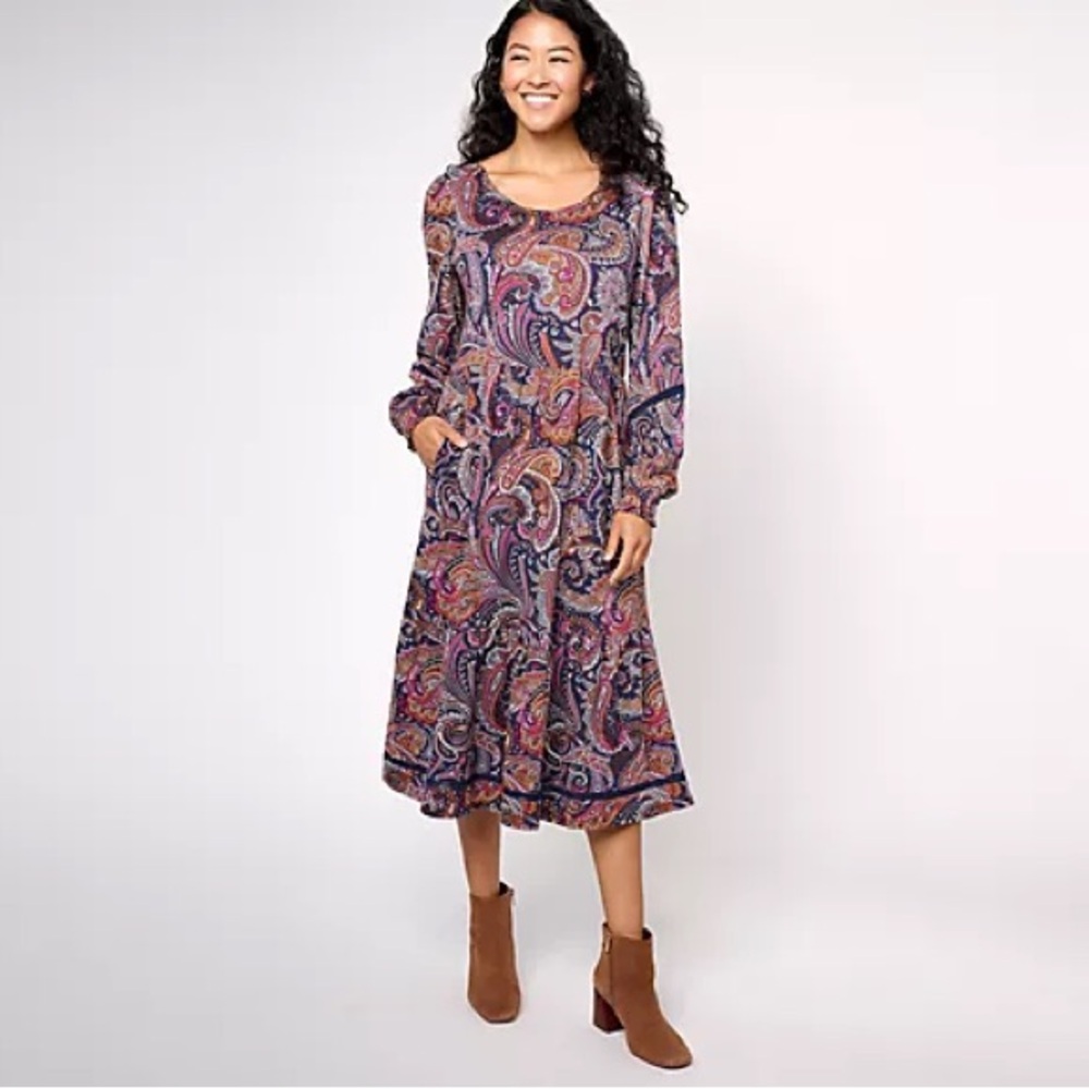Denim & Co Canyon Retreat Easy Midi Dress Navy Paisley Lg Tall Modest Boho Fall